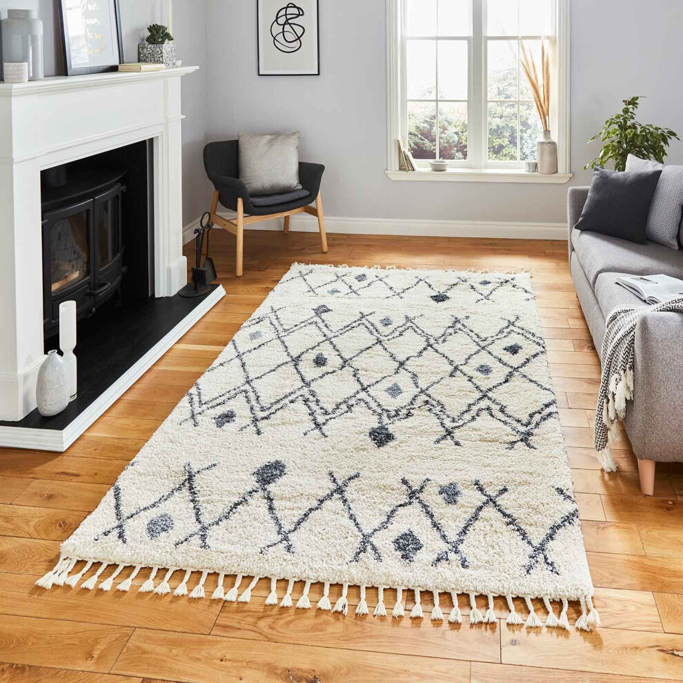 (Nordic - Ivory, 80 x 150 cm) Tribal Shaggy Rug Scandi Living Room Bedroom Rugs Geometric Berber Style Nordic Shaggy Rugs Fringe Thick 5cm Pile Mat