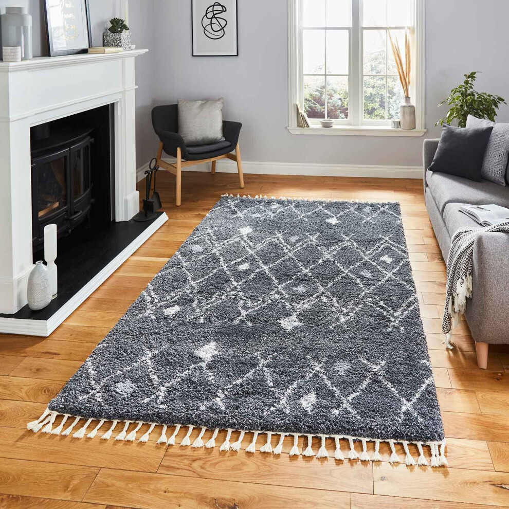 Think Rugs (Nordic - 160 X 220 Cm) Tribal Shaggy Rug Scandi Living Room Bedroom Rugs Geometric Berber Style Nordic Shaggy Rugs Fringe Thick 5Cm Pile Mat Grey