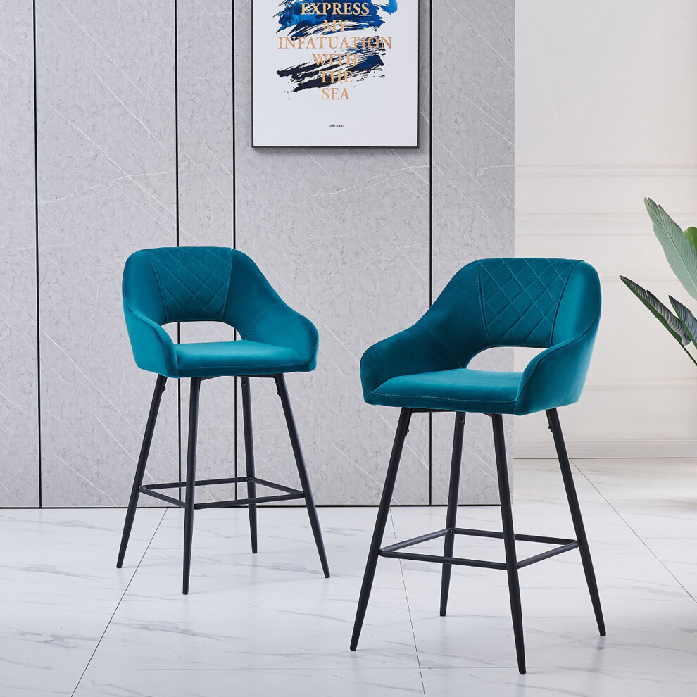 (Dark Teal, 2 Bar Stools) 1/2 Velvet Bar Stools High Counter Breakfast Chair