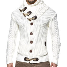 (White, XL) Men Long Sleeve Knitted Turtleneck Coat Sweater Horn Button Sweater Cardigan