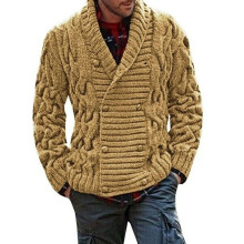 (Khaki, 2XL) Men's Thick Double Breasted Cable Knitted Shawl Collar  Knitwear Cardigan Sweater