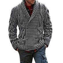 (Gray, 2XL) Men's Thick Double Breasted Cable Knitted Shawl Collar  Knitwear Cardigan Sweater