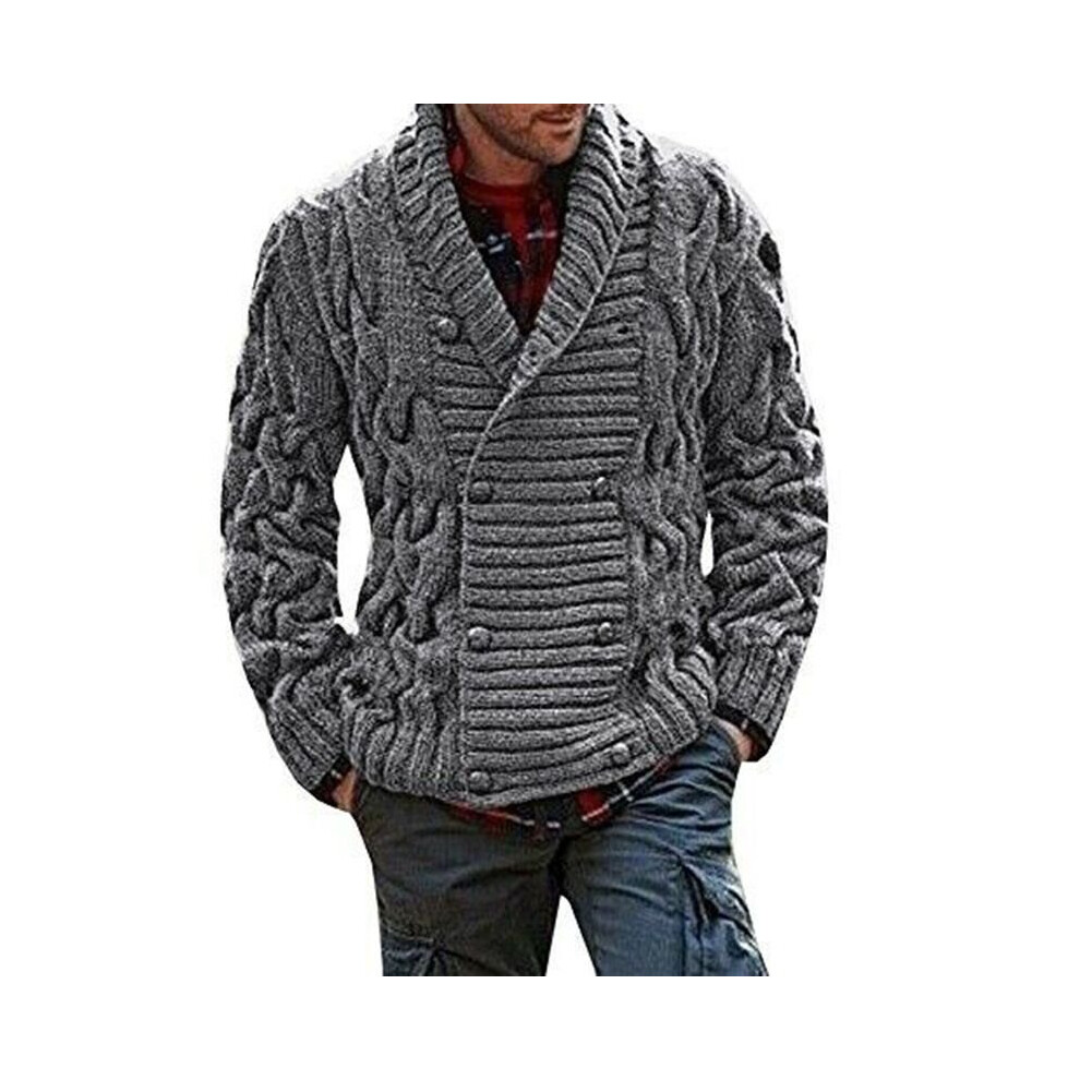 (Gray, 2XL) Men's Thick Double Breasted Cable Knitted Shawl Collar  Knitwear Cardigan Sweater