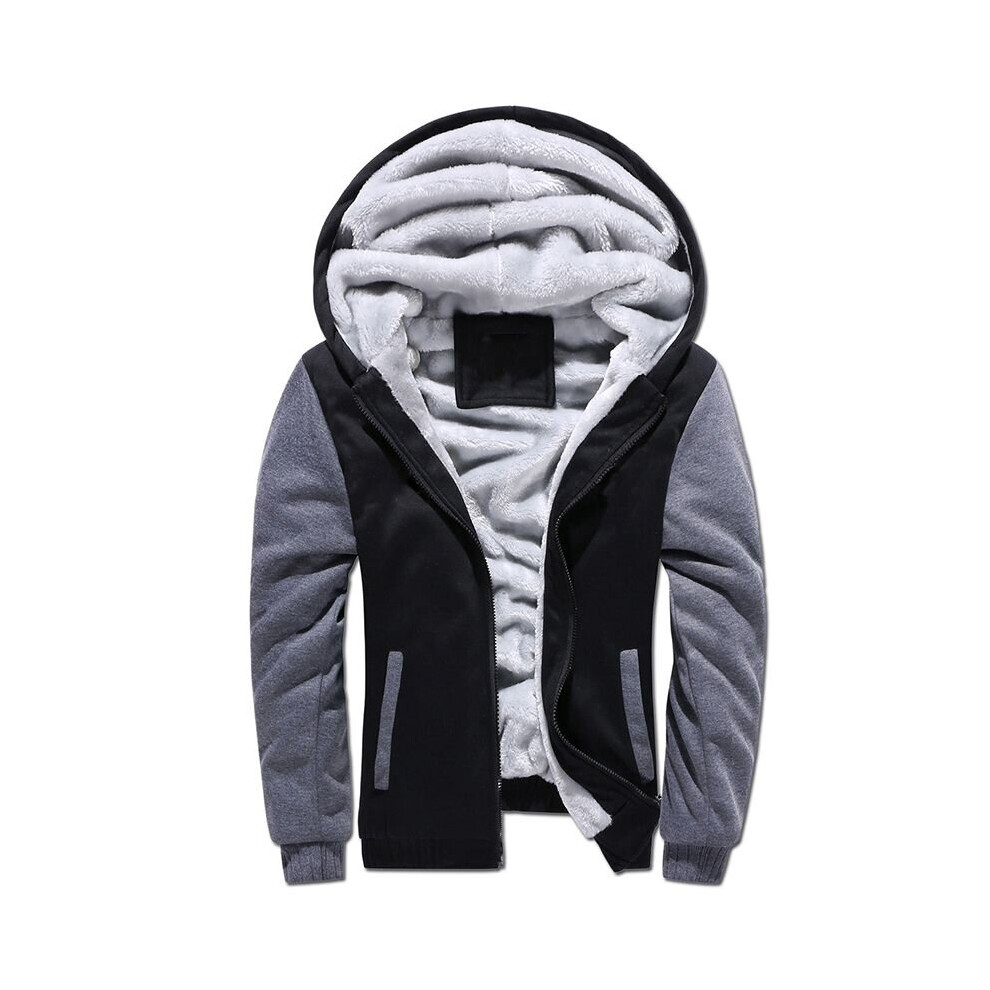 (BlackGray, L) Mens Winter Warm Thick Jacket Fleece Fur Lined Hoodie Zip Coat Sweatshirt Top
