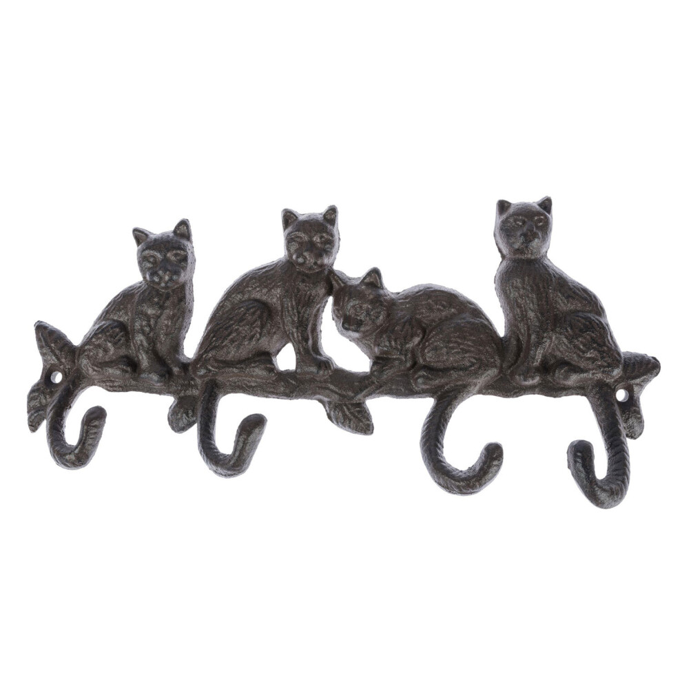Homescapes Cat Tail Cast Iron Coat Hook Hanger With Cats On A Branch Design Brown