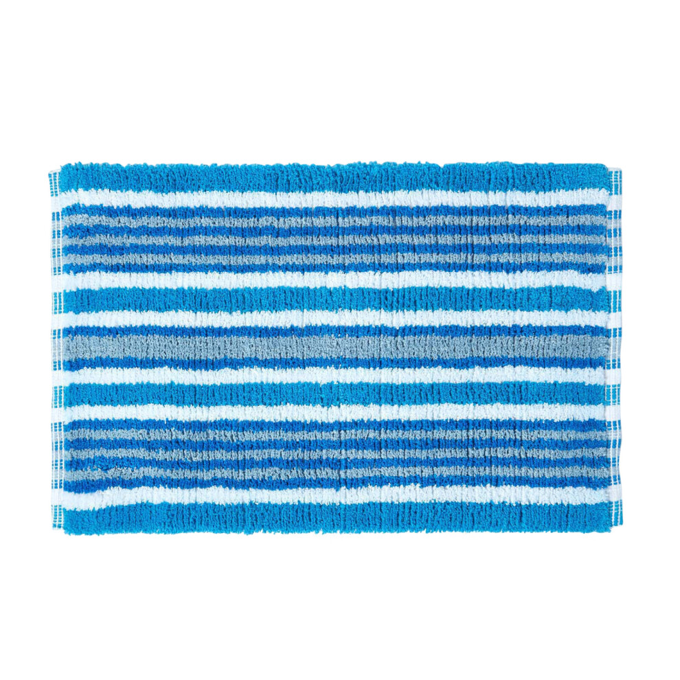 Homescapes (Blue) Handloomed Striped Cotton Bath Mat Blue