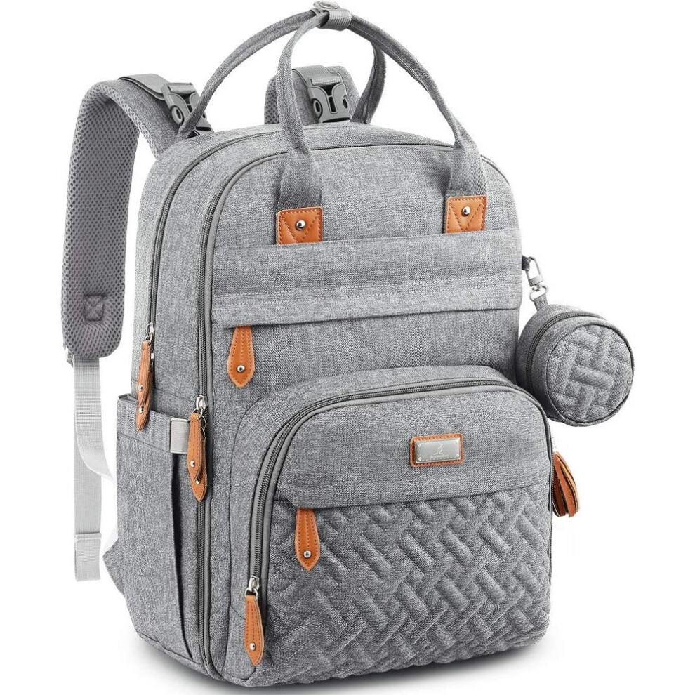 Baby Changing Bag Backpack, BabbleRoo Nappy Changing Back Pack Diaper Bags with Changing Mat & Pacifier Holder for Mom & Dad (Light Grey)