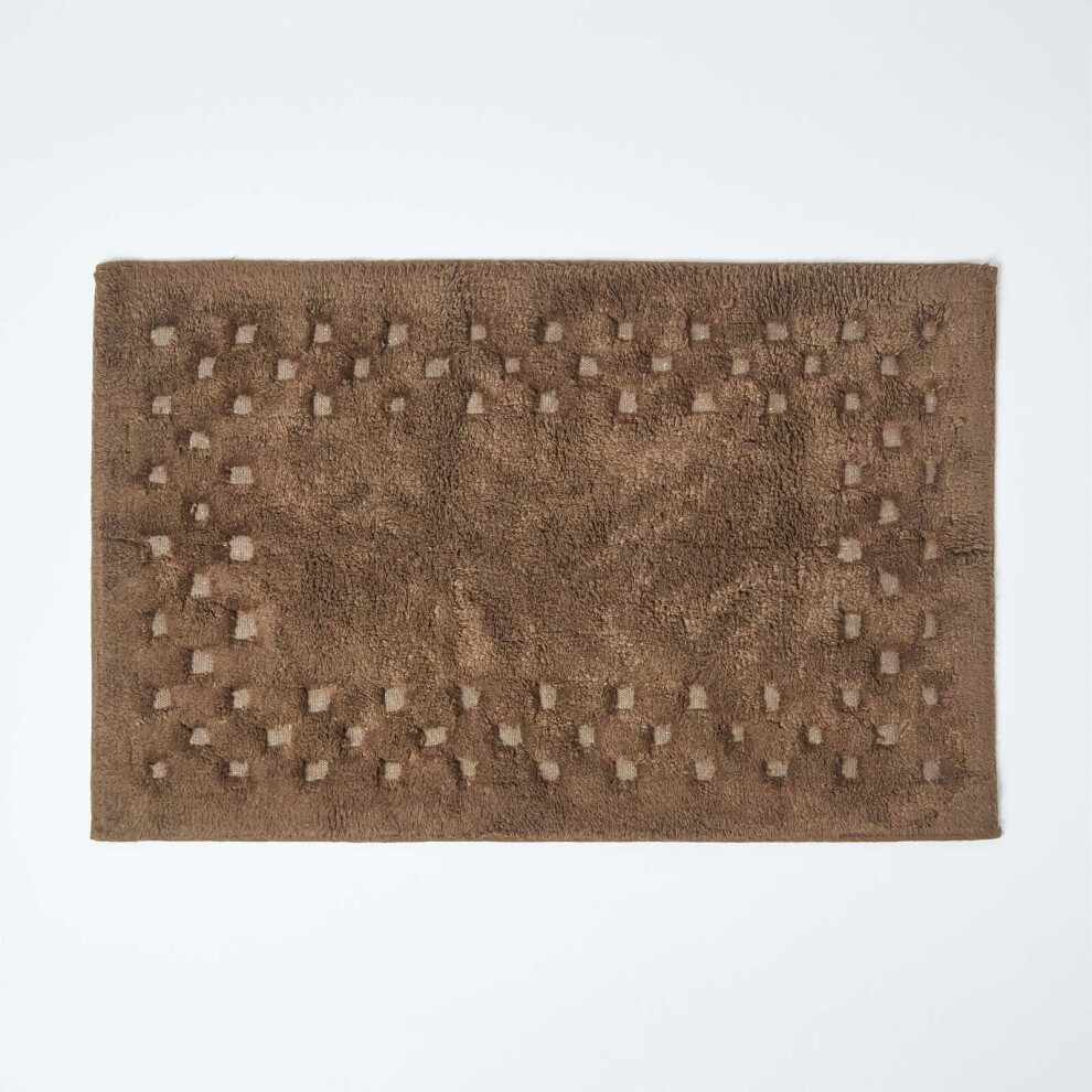 Homescapes (Chocolate, Bath Mat) Cotton Check Border Bath Mat Brown
