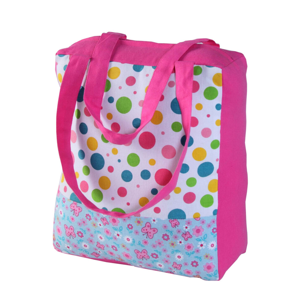 Cotton Multi Dots Butterflies Design Shopping Bag, 27 x 32 x 11 cm