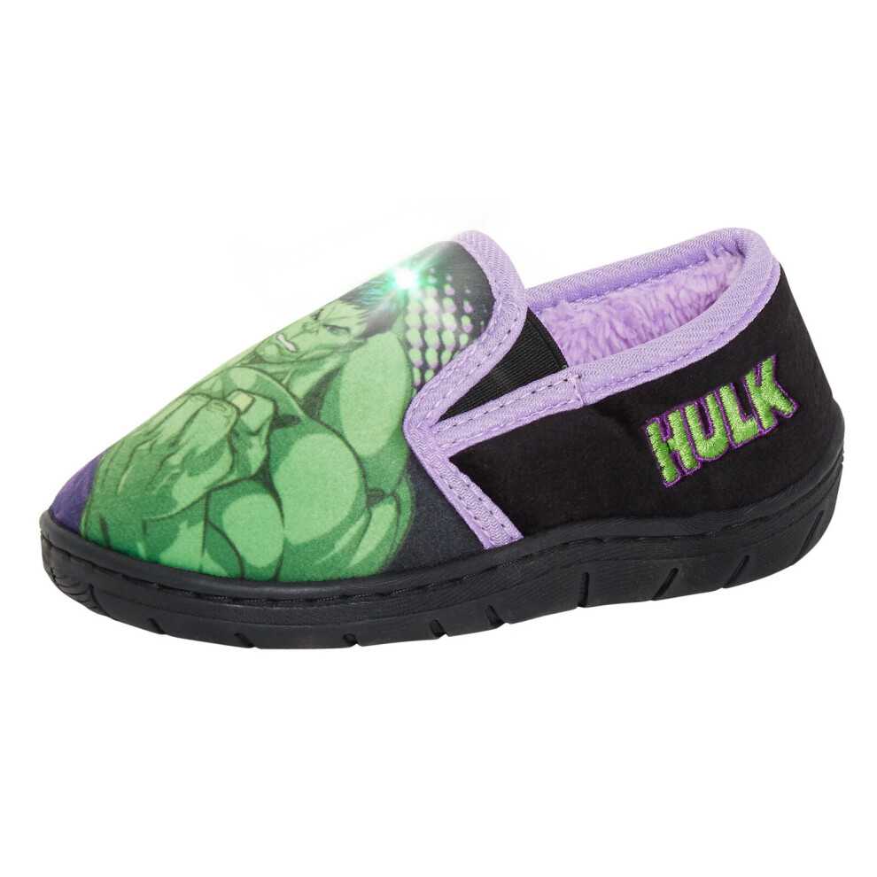 (UK 10 Child) Boys Incredible Hulk Light Up Slippers Kids Marvel Slip On Flashing House Shoes