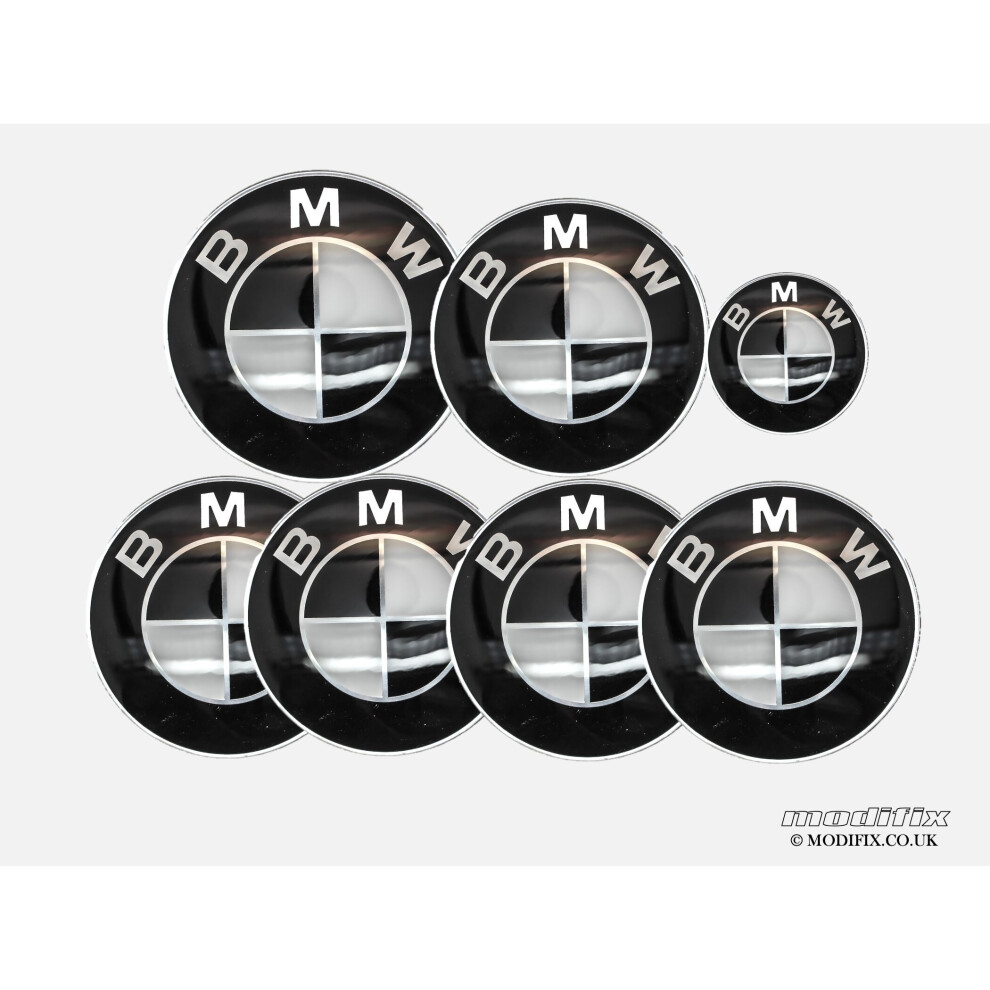 modifix-co-uk BMW BLACK & WHITE Emblem Badge 7pcs Set: Front + Rear + Centre Caps + Decal