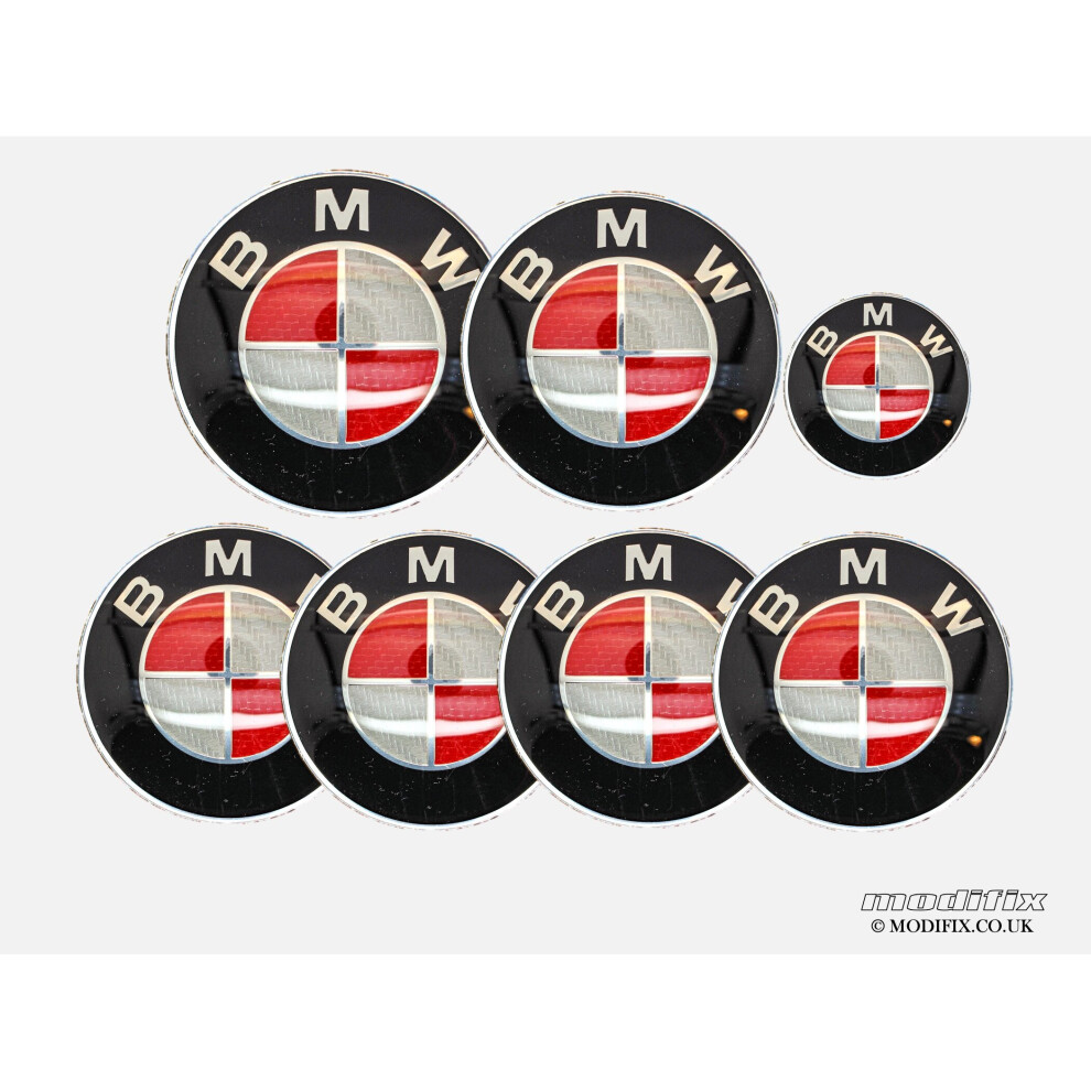 modifix-co-uk BMW CARBON RED Emblem Badge 7pcs Set: Front + Rear + Centre Caps + Decal