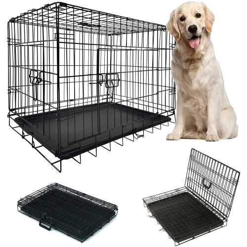 36 Inch PET CRATE Folding Strong Metal Double Door Puppy Dog Cage with Animal Floor Tray on OnBuy