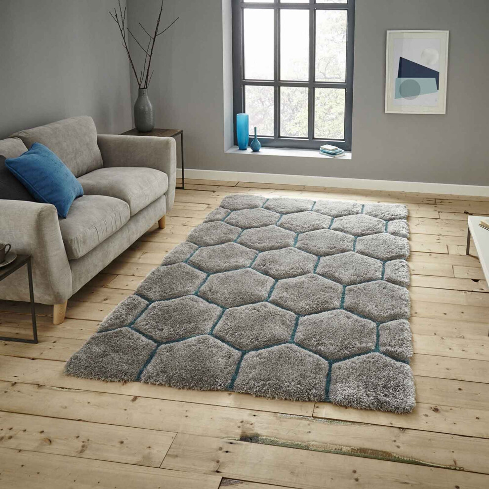 (Grey/Blue, 180 x 270 cm) 3D Geometric HoneyComb Hexagon Rugs Handmade Super Soft Thick 4cm Pile Shaggy Rug  Small Large Living Room Bedroom Multi Colour Carpet Mat