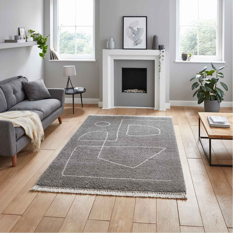 Think Rugs (, 120 X 170 Cm) Moroccan Design Shaggy Rug Abstract Tribal Large 5Cm Thick Shag Pile Rugs Living Room Bedroom Fringe Scandi Berber Carpet Mat Grey