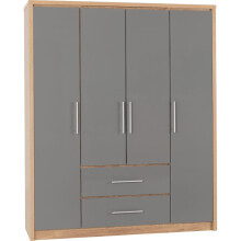 Seville 4 Door 2 Drawer Wardrobe Grey High Gloss/Light Oak Effect Veneer