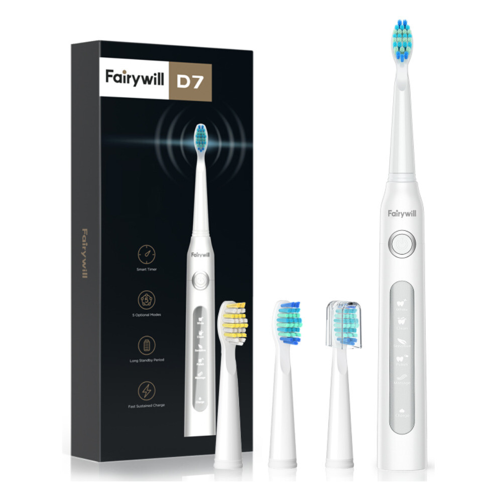 Fairywill Electric Toothbrush Rechargeable White 5 Modes 4 Brush Heads