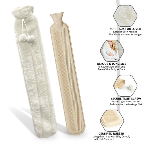 (Cream) 76cm Extra Long Hot Water Bottle with Super Soft Cover