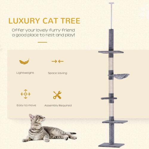 PawHut PawHut Floor to Ceiling Cat Tree 5-Tier Climbing Tower Scratching Post Grey 1