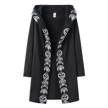(4XL) Fashion Women Gothic Cardigan Moon Printed Long Sleeve Hooded Black Coat