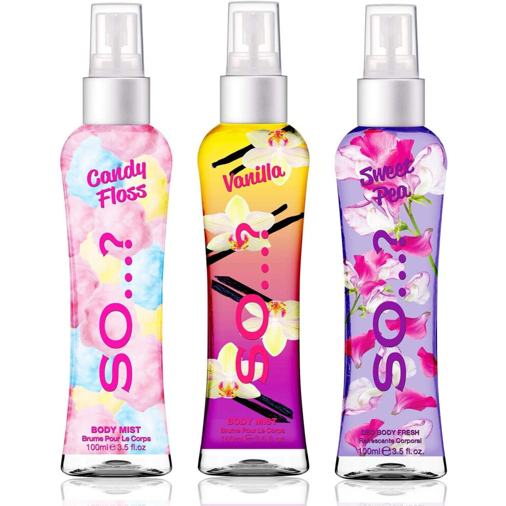 Body Mist by So.? Womens Candy Floss, Vanilla, Sweet Pea Body Spray Mixed Fragrance Bundle 100ml (Pack of 3)