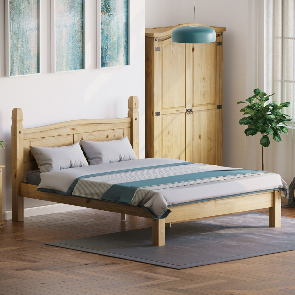 (King Size) Corona Bed Frame Low Foot Pine Wood Rustic Wax