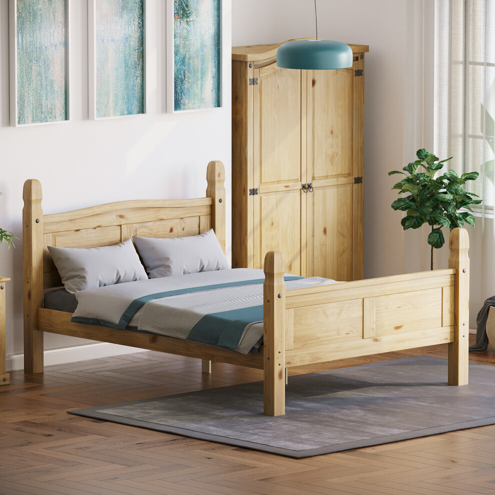 (Double) Corona Bed Frame High Foot Pine Wood Rustic Wax