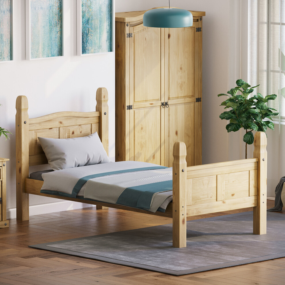 (Single) Corona Bed Frame High Foot Pine Wood Rustic Wax