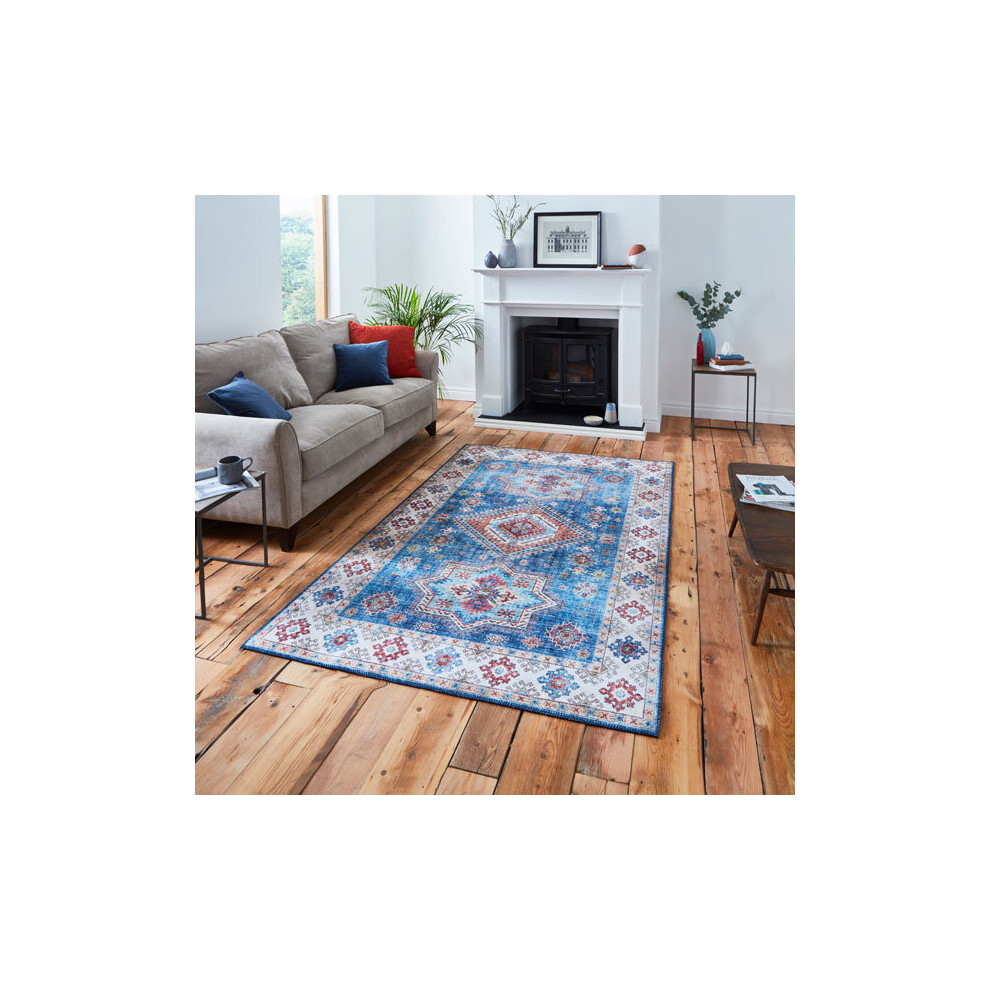 (Dark Blue) Think Rugs Topaz G4705 Chenille Flat Weave Runner