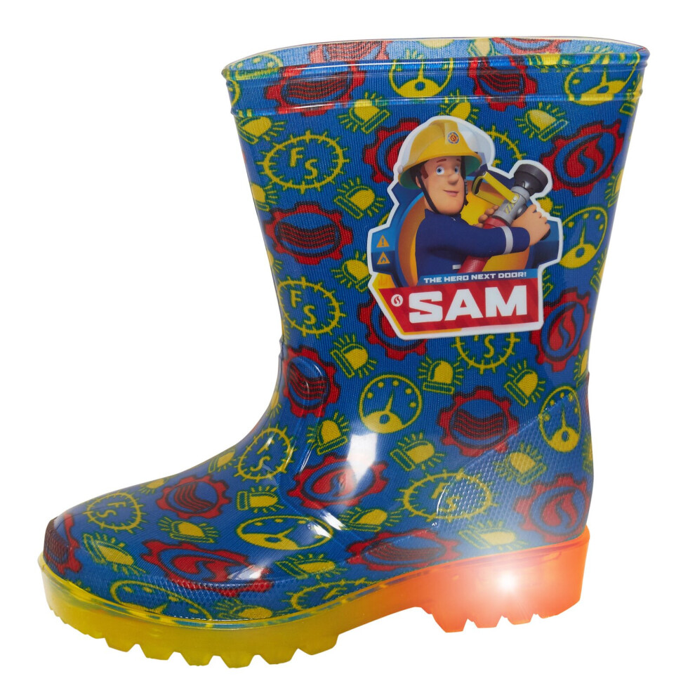 (UK 5 Child) Fireman Sam Wellies Boys Light Up Wellington Boots Kids Flashing Lights Wellys