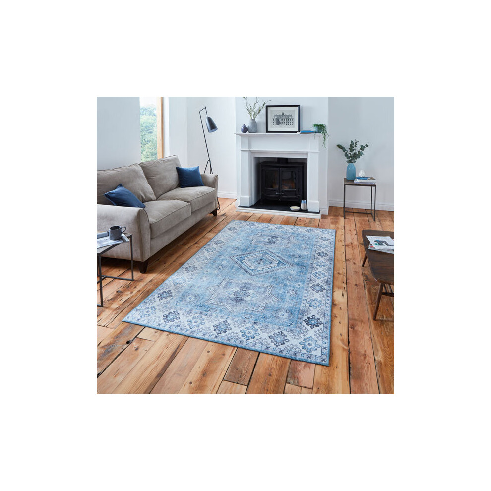 (Light Blue) Think Rugs Topaz G4705 Chenille Flat Weave Runner