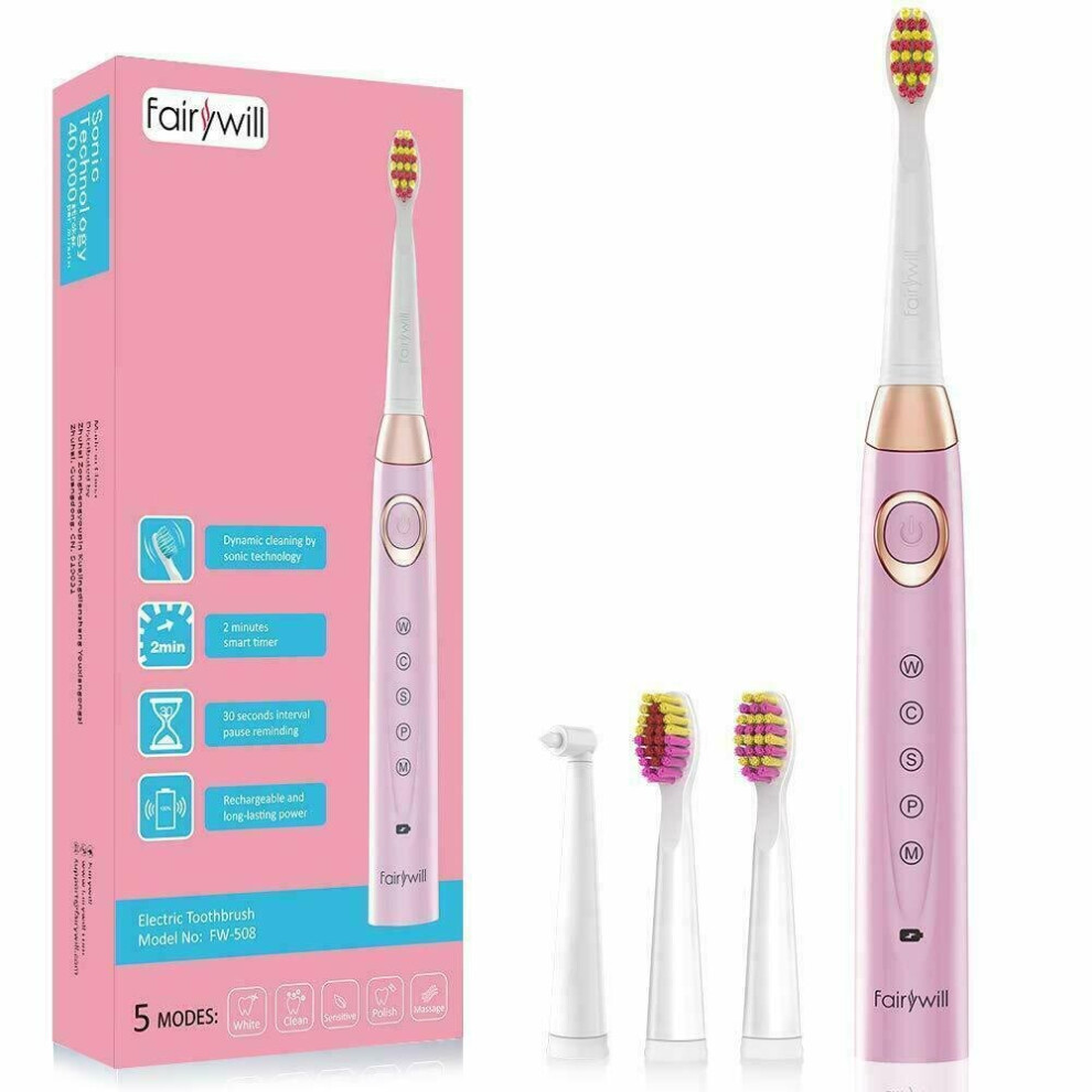 Fairywill 5 Modes Electric Toothbrush FW-508 4 Brush Heads Pink Timer