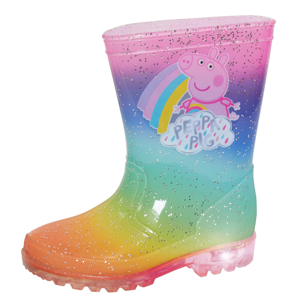 (UK 8 Child) Peppa Pig Light Up Rainbow Wellington Boots Kids Flashing Wellies Girls Boots