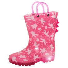 (UK 7 Child) Girls Light Up Unicorn Wellington Boots Kids Pink Wellies Handle 3D Rain Shoes
