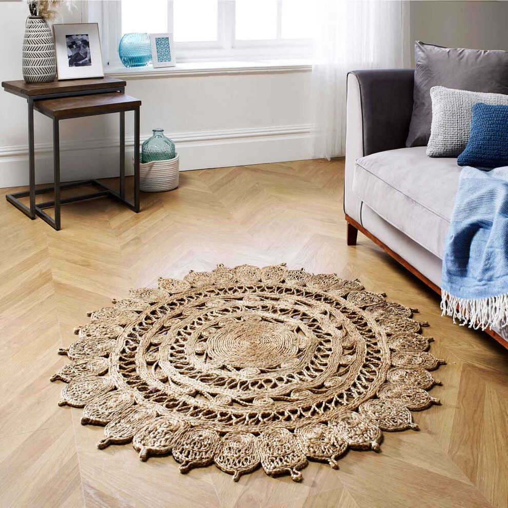 (Natural, Circle : 180x180cm) 100 % Jute Round Circle Mat Rug Eco Friendly Handmade Brown Beige Black Large Area Rugs UK