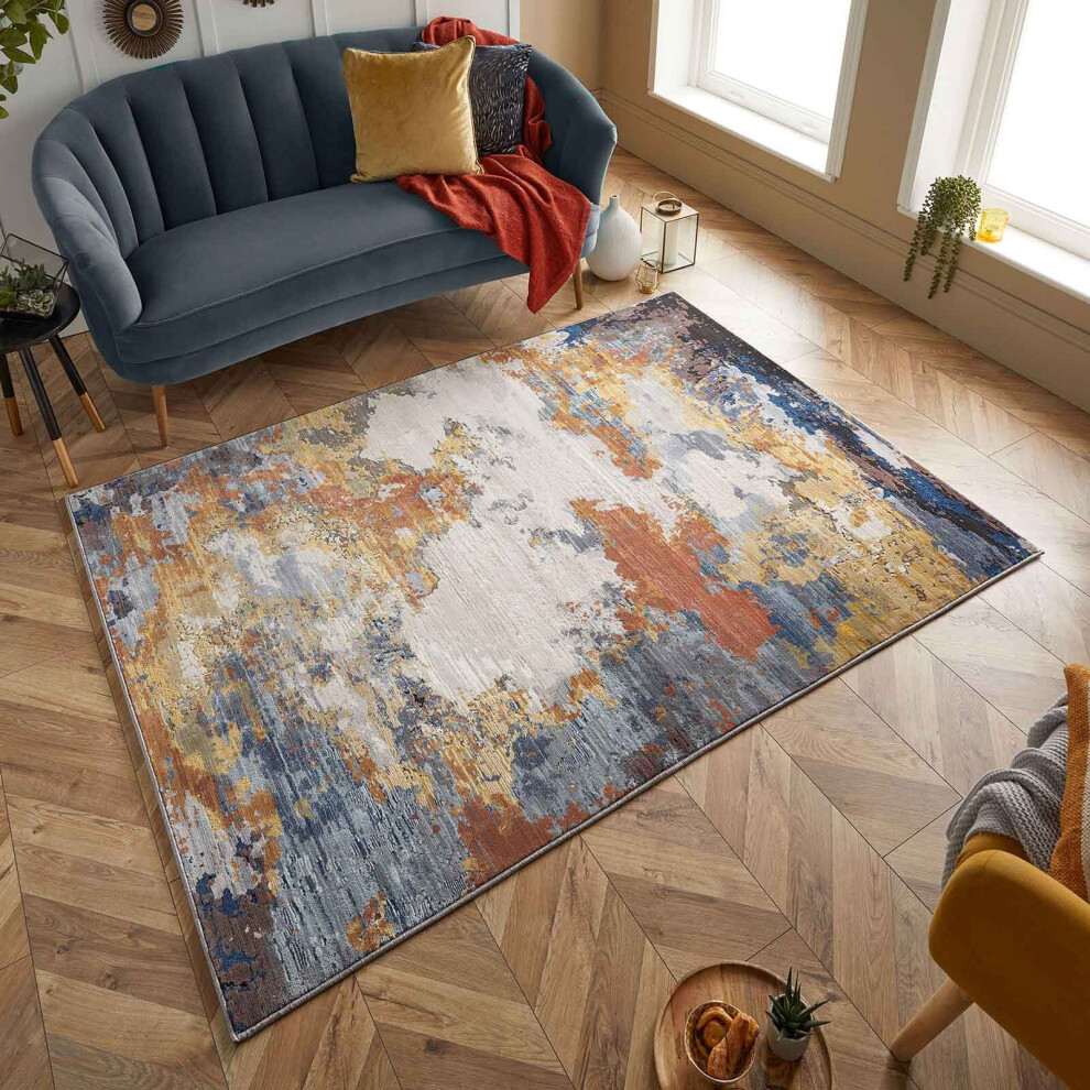 (Multi Blue/Copper, 160 x 230 cm) Scratch Distressed Faded Modern Area Rugs Multi Coloured  Small Extra Large Bedroom Living Room Rug Carpet Mat