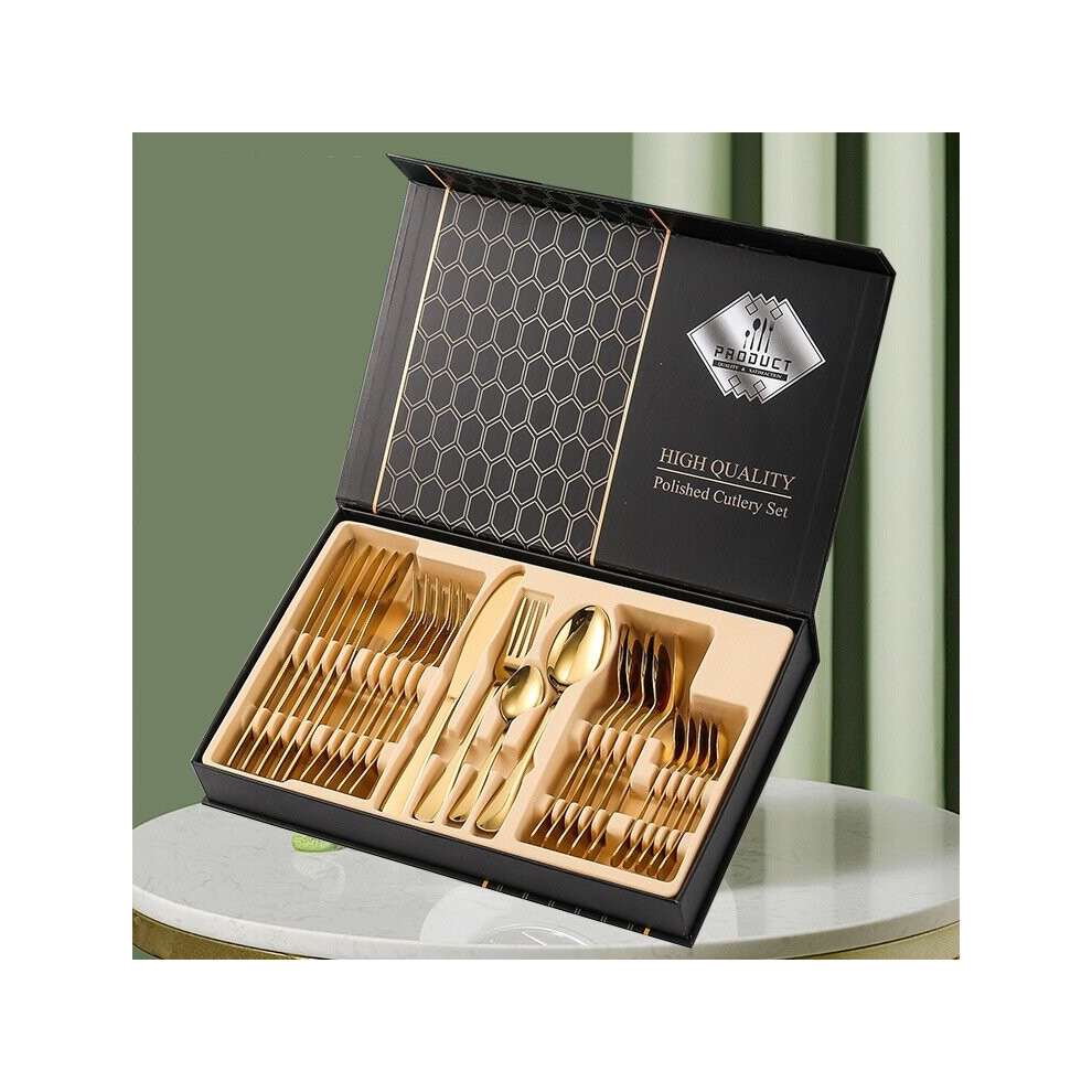 (Box-Gold) 24 Piece Stainless Steel Cutlery Sets Tableware Barware Cutlery Sets Include Knife/Fork/Spoon/Teaspoon