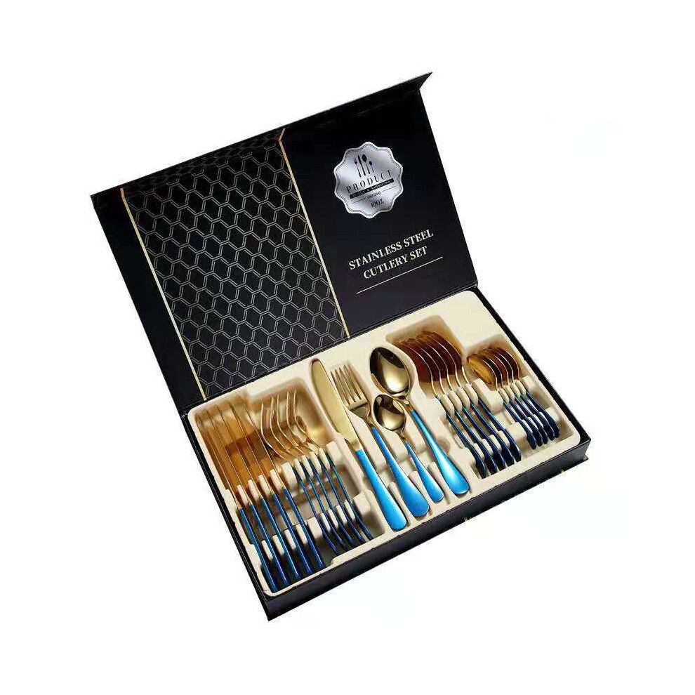 (Box-Blue&Gold) 24 Piece Stainless Steel Cutlery Sets Tableware Barware Cutlery Sets Include Knife/Fork/Spoon/Teaspoon