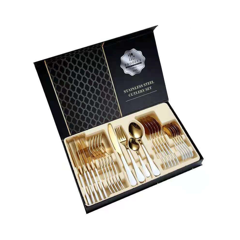 (Box-White&Gold) 24 Piece Stainless Steel Cutlery Sets Tableware Barware Cutlery Sets Include Knife/Fork/Spoon/Teaspoon