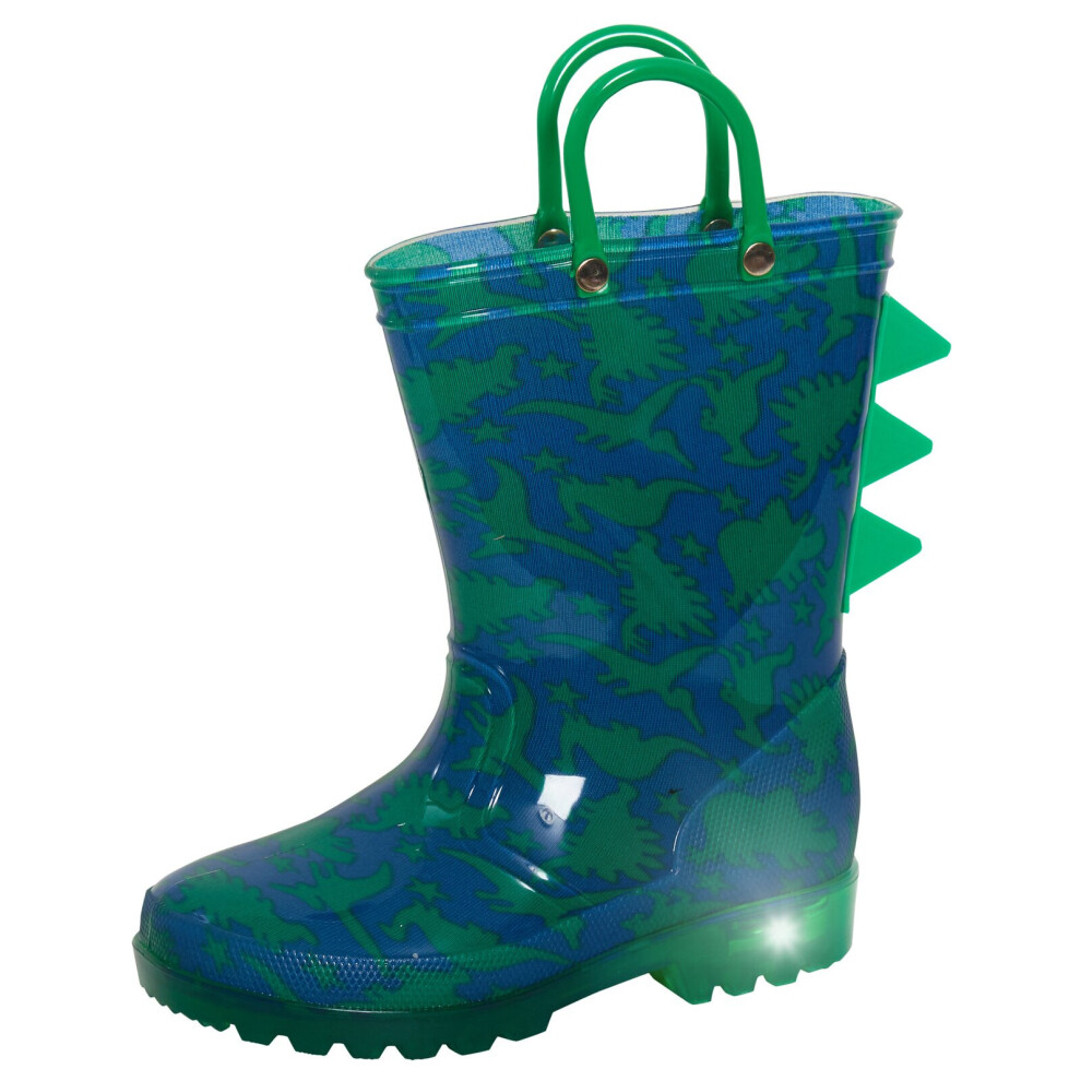 (UK 11 Child) Kids Light Up Dinosaur Wellington Boots Boys Handle Dino Wellies 3D Rain Shoes