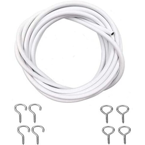 3M Net Curtain Wire White Window Voile Cord Cable With Hooks  & Eyes