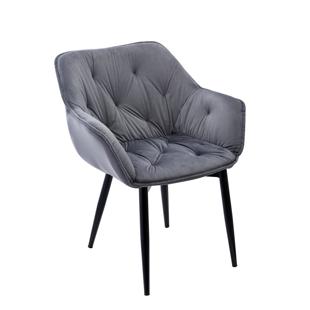 (Grey) MOF Dining Chair Velvet Thick Padded Armchair Upholstered Seat Tub Chair with Black Metal Legs R28