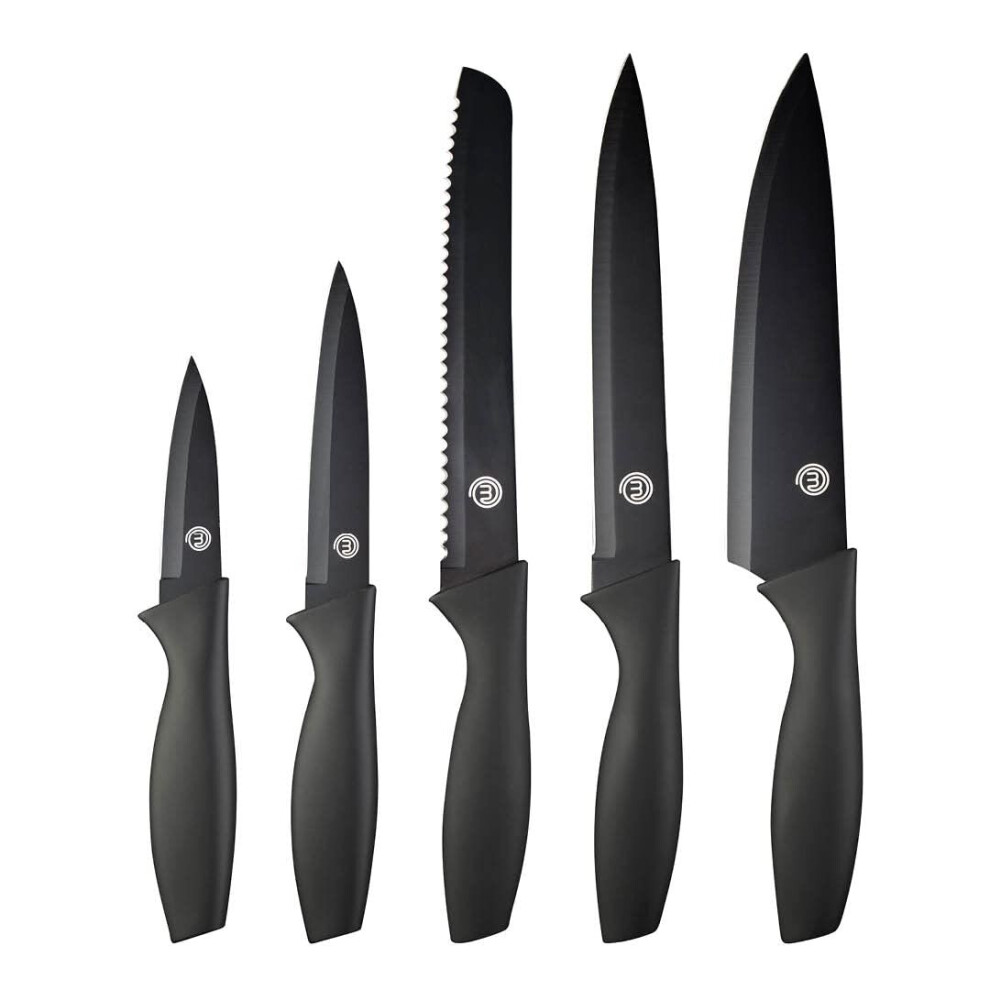 MasterChef Kitchen Knife Set of 5 Including Paring, Utility, Bread, Chef and Carving Knives, Sharp Stainless Steel, Non Stick Blades & Soft Touch Grip