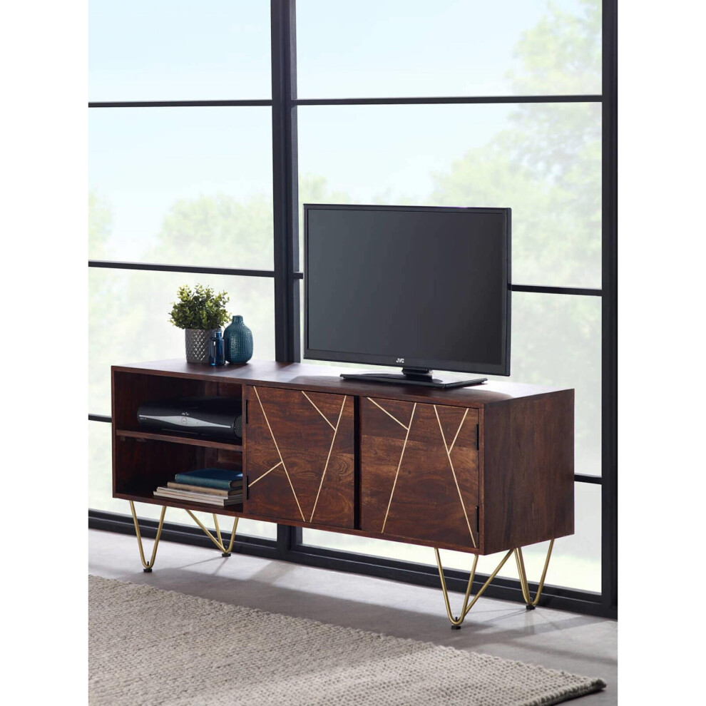 Solid Wood TV Media Plasma Unit Stand 2 Doors 2 Shelves Gold Metal Legs Handmade