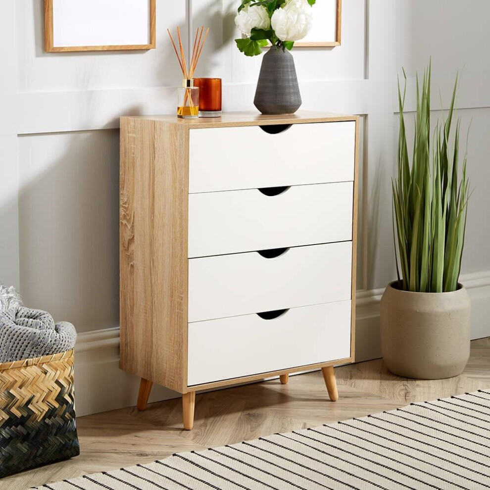 Chest of 4 Drawers Oak and White Bedroom Storage Solid Wood Legs Scandi Style