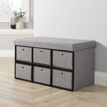 Grey Fabric Folding Ottoman 6 Drawer Sturdy Storage Chest Space Saving