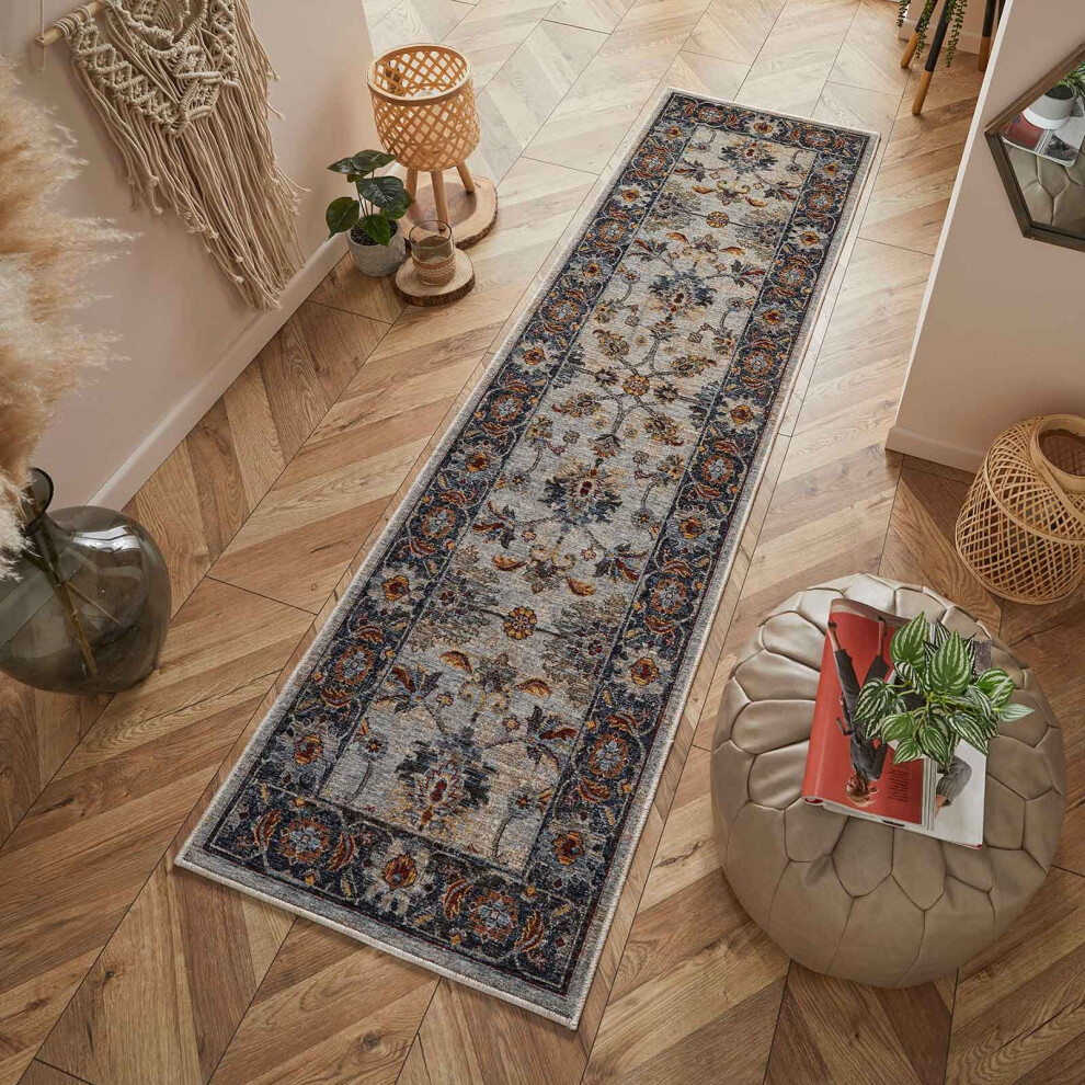 (Grey / Blue, Runner : 68 x 235cm) Luxury Traditional Rugs Vintage Oriental Small Extra Large Hall Runner Rug Any Room Soft Carpet Mat