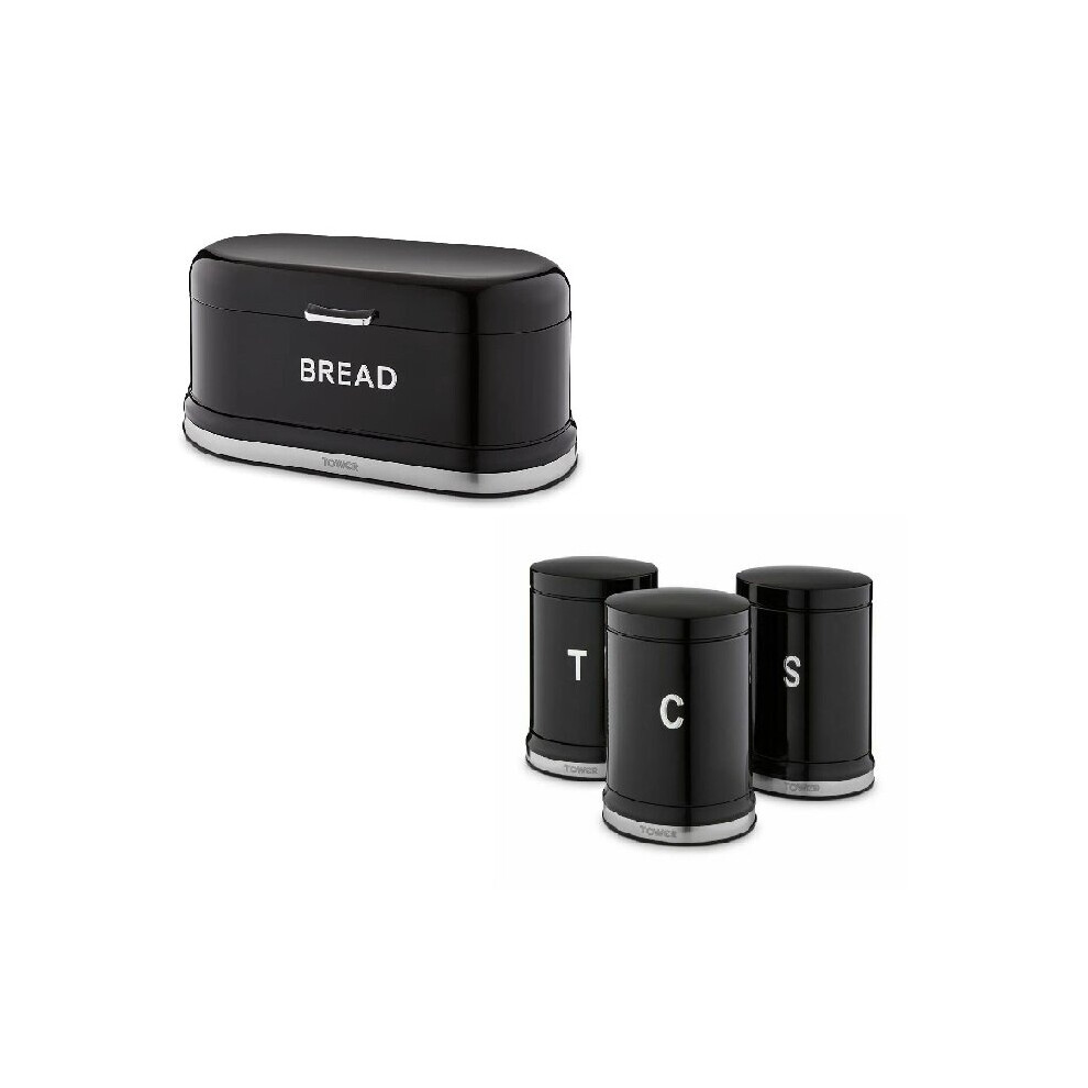 Tower Stylish Kitchen Belle Bread Breadbin & Set Of 3 Canisters, "Noir" Black