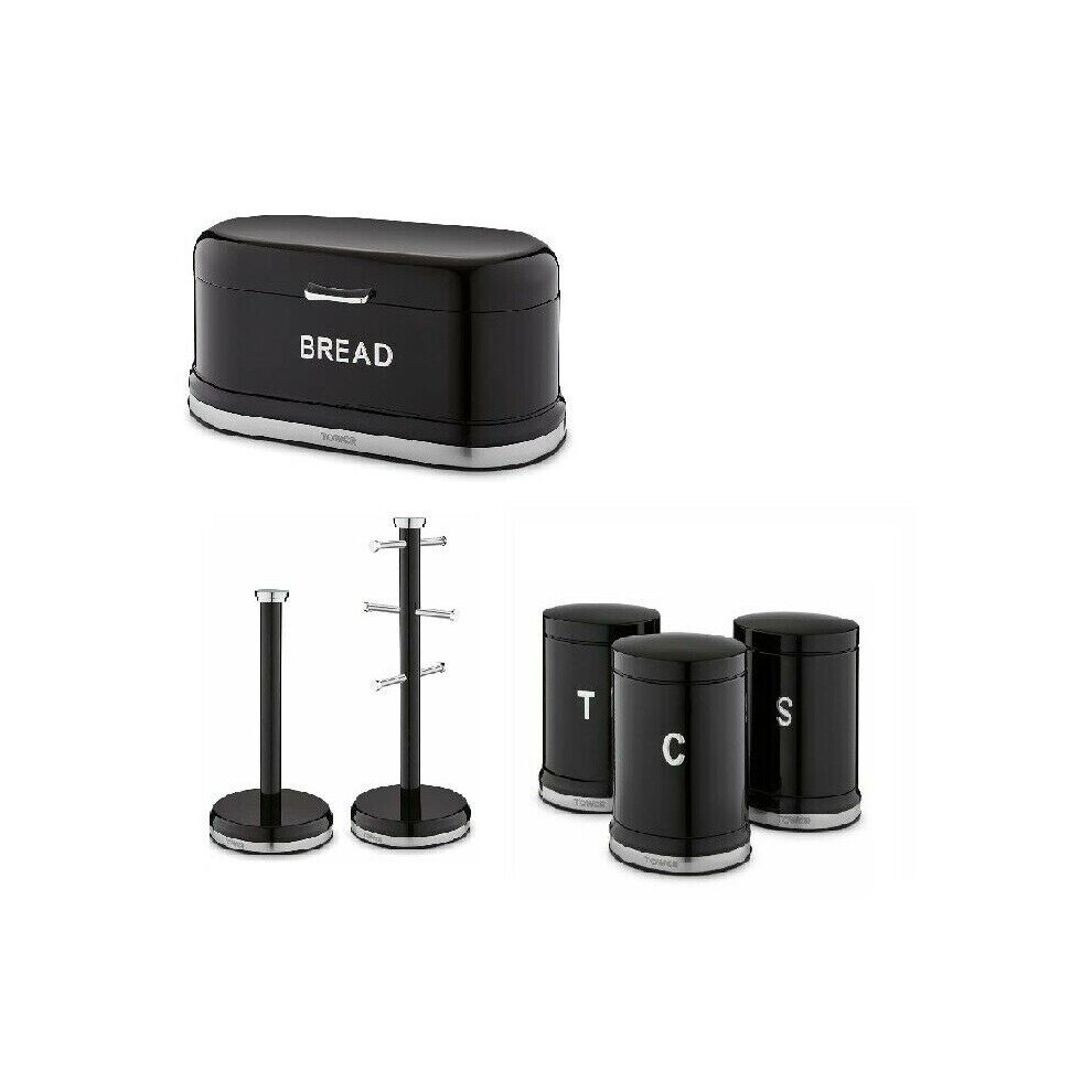 Tower Stylish Kitchen Belle Bread Breadbin, Canisters Towel Pole &Mug Tree Black