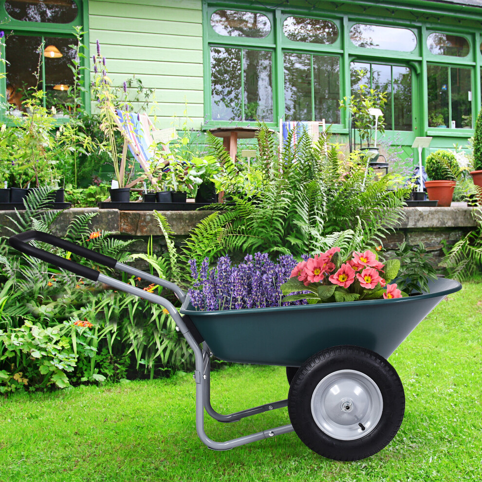 2-Wheeled Wheelbarrow Heavy Duty Garden Dolly Utility Cart W/33cm Pneumatic Tire